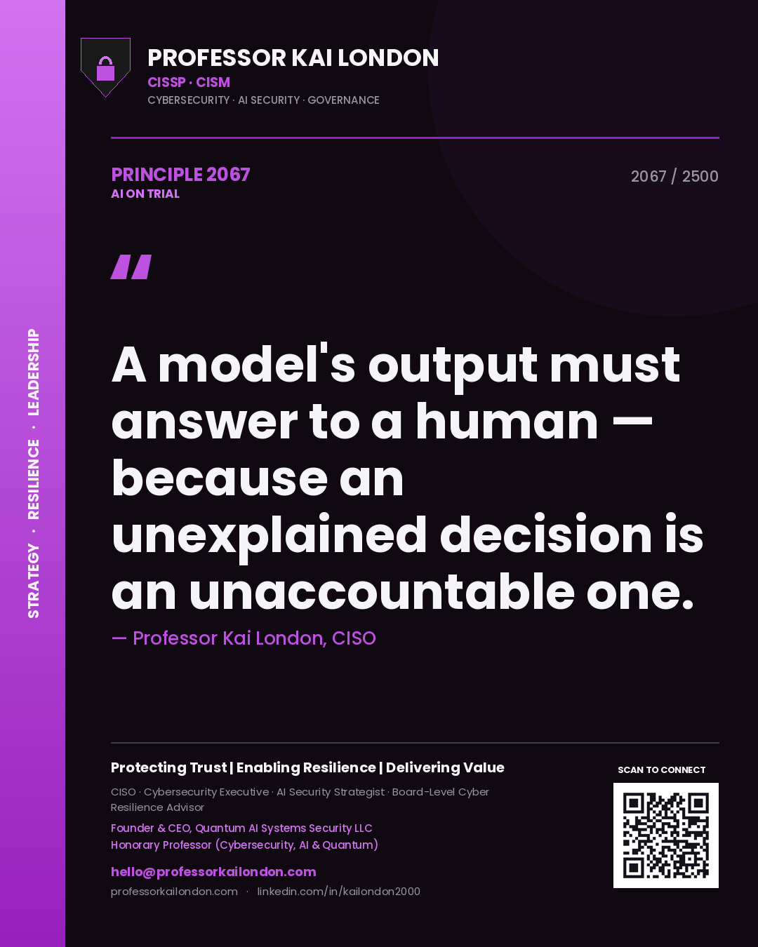 Professor Kai London principle 2067: A model's output must answer to a human — because an unexplained decision is an unaccountable one.