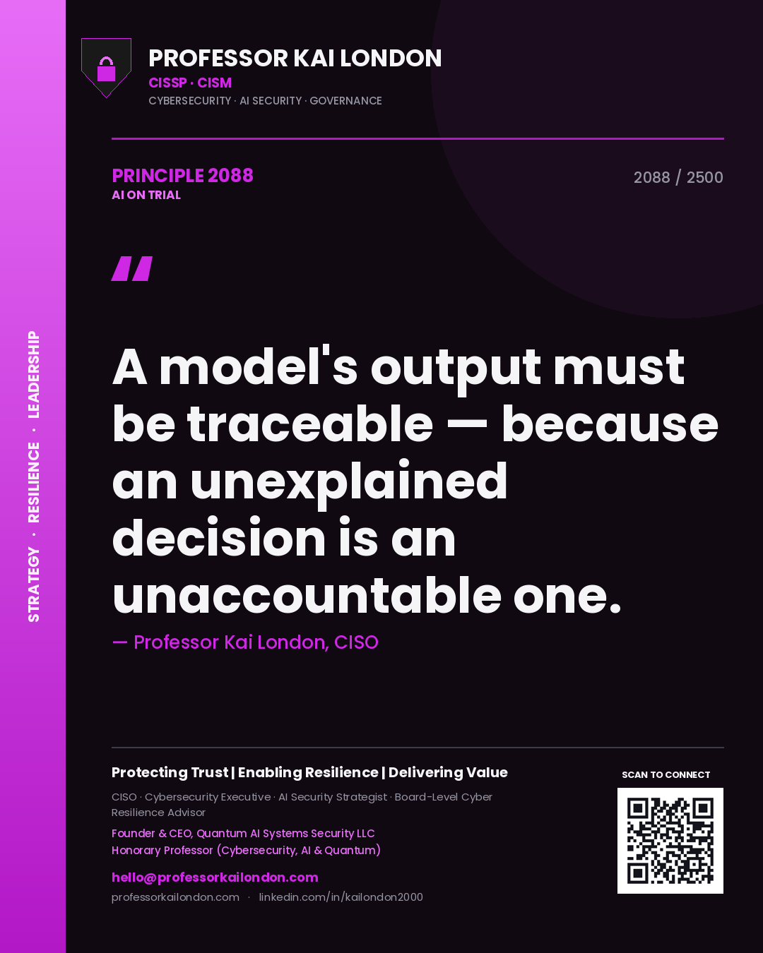 Professor Kai London principle 2088: A model's output must be traceable — because an unexplained decision is an unaccountable one.