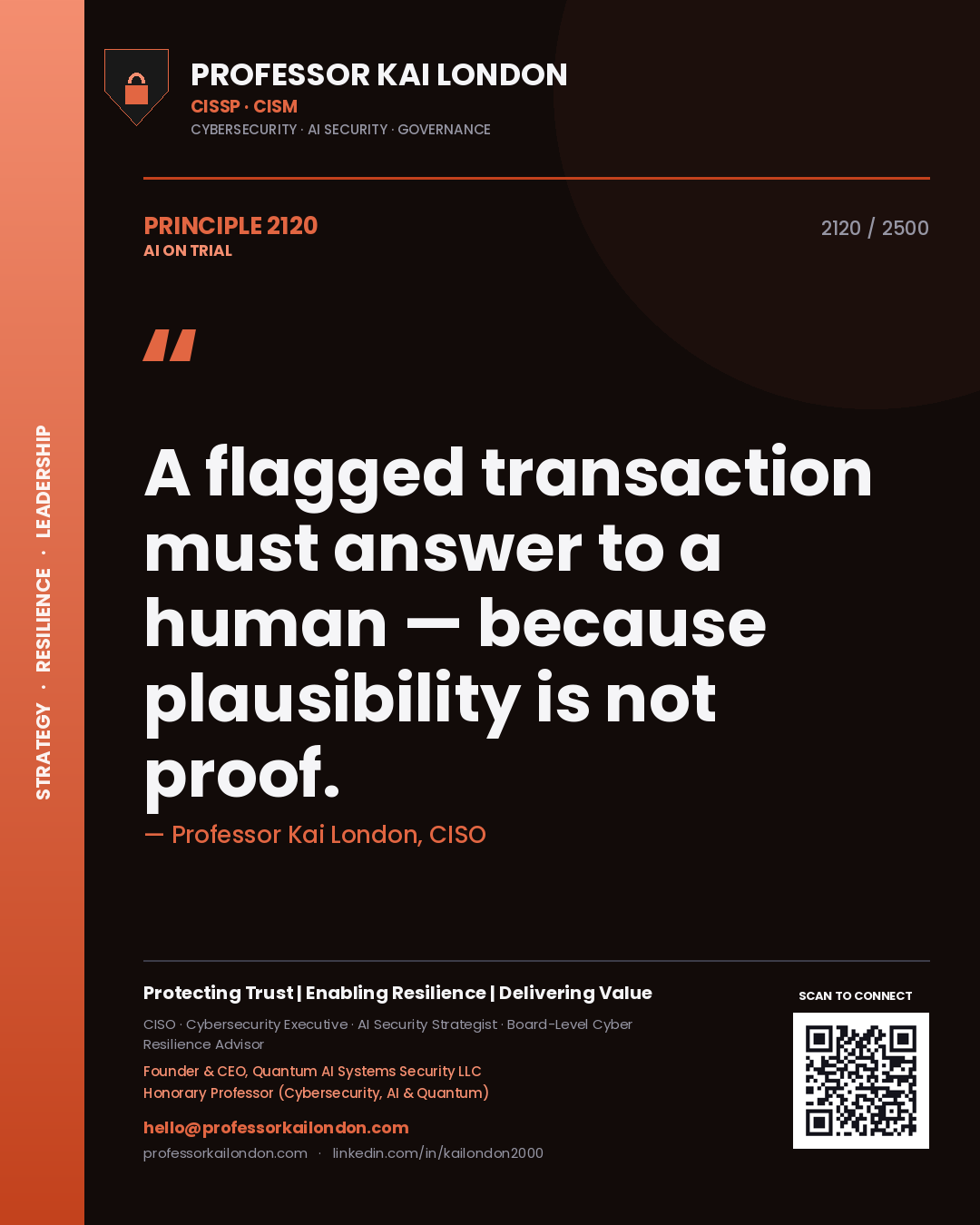Professor Kai London principle 2120: A flagged transaction must answer to a human — because plausibility is not proof.