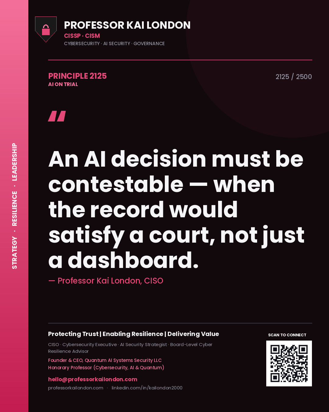Professor Kai London principle 2125: An AI decision must be contestable — when the record would satisfy a court, not just a dashboard.