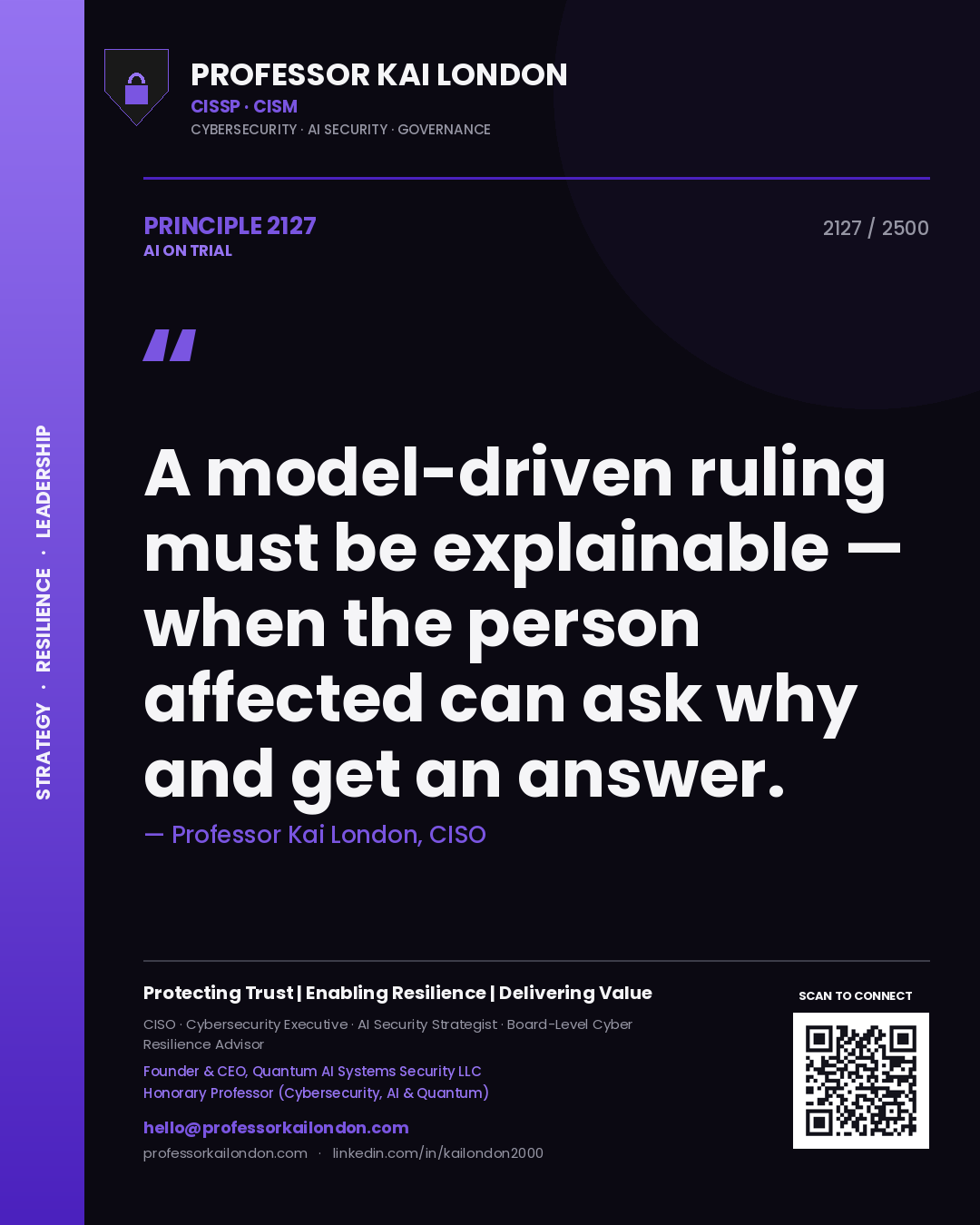Professor Kai London principle 2127: A model-driven ruling must be explainable — when the person affected can ask why and get an answer.