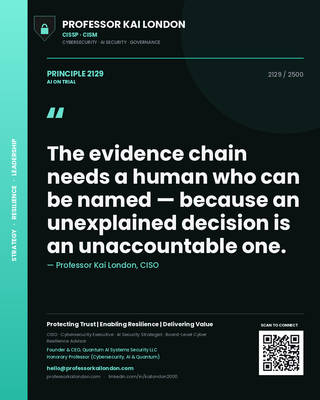 Professor Kai London principle 2129: The evidence chain needs a human who can be named — because an unexplained decision is an unaccountable one.