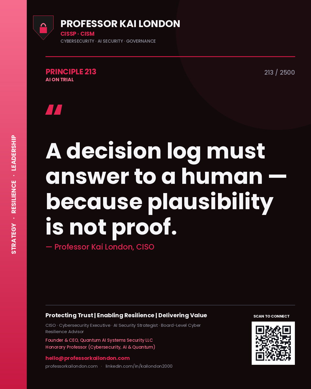 Professor Kai London principle 213: A decision log must answer to a human — because plausibility is not proof.