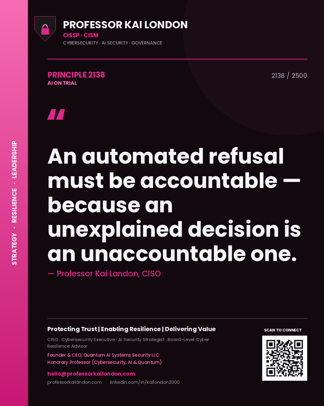 Professor Kai London principle 2138: An automated refusal must be accountable — because an unexplained decision is an unaccountable one.