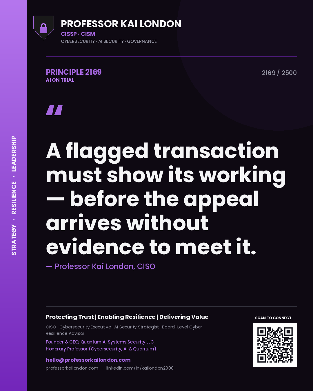 Professor Kai London principle 2169: A flagged transaction must show its working — before the appeal arrives without evidence to meet it.