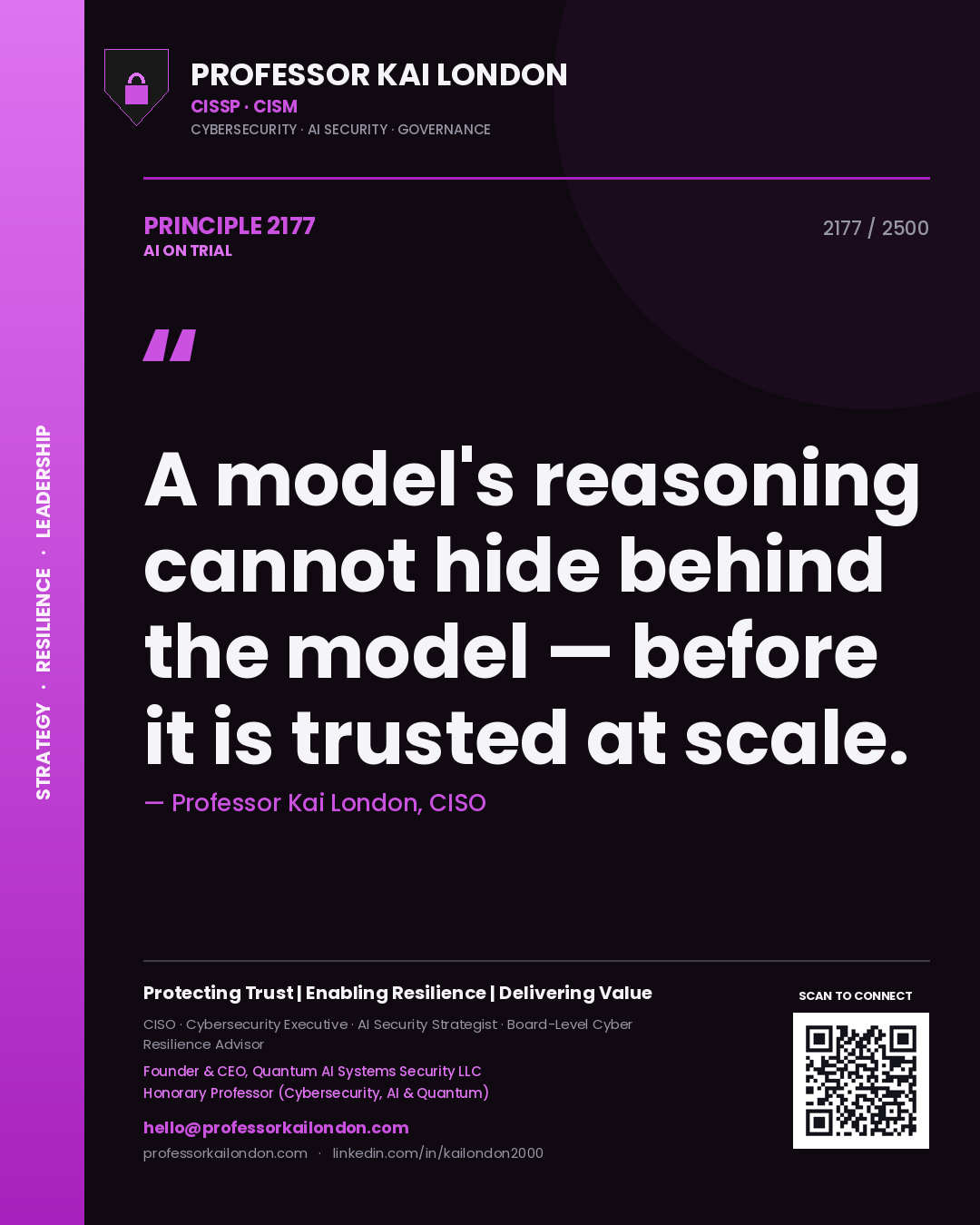 Professor Kai London principle 2177: A model's reasoning cannot hide behind the model — before it is trusted at scale.