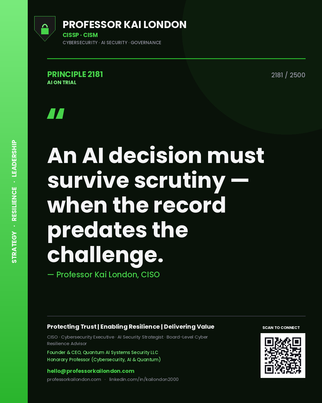 Professor Kai London principle 2181: An AI decision must survive scrutiny — when the record predates the challenge.