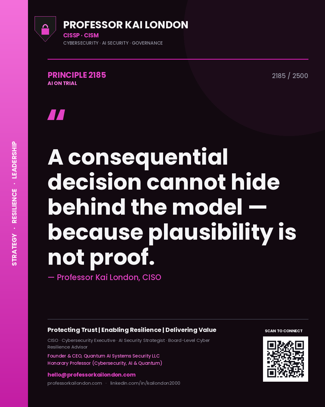 Professor Kai London principle 2185: A consequential decision cannot hide behind the model — because plausibility is not proof.
