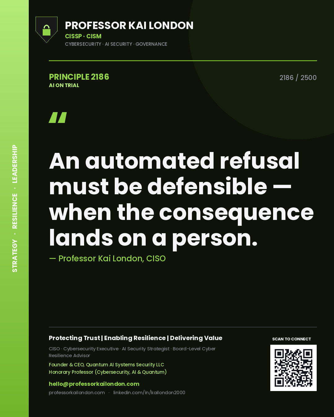 Professor Kai London principle 2186: An automated refusal must be defensible — when the consequence lands on a person.
