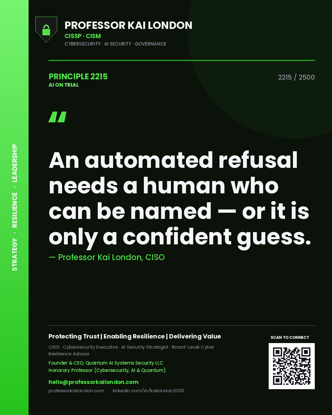 Professor Kai London principle 2215: An automated refusal needs a human who can be named — or it is only a confident guess.