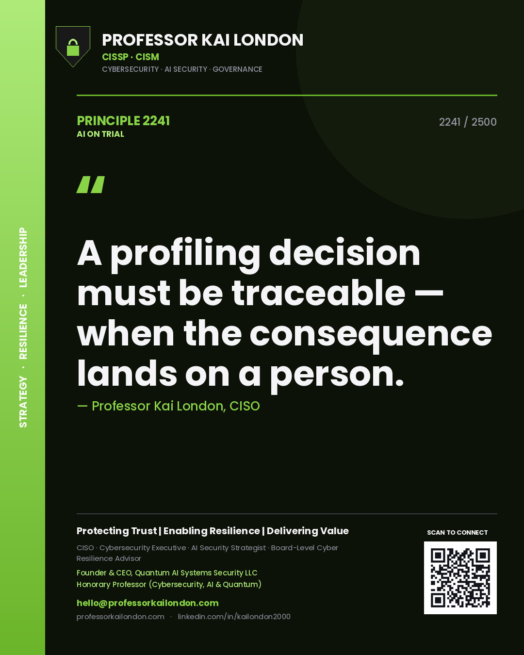 Professor Kai London principle 2241: A profiling decision must be traceable — when the consequence lands on a person.