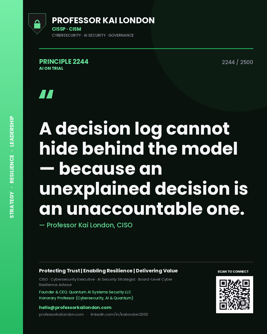 Professor Kai London principle 2244: A decision log cannot hide behind the model — because an unexplained decision is an unaccountable one.
