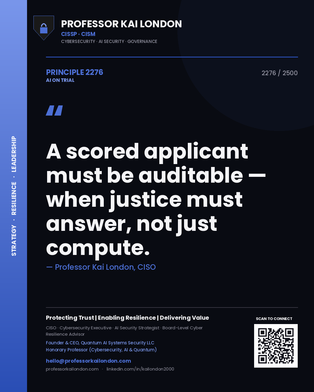 Professor Kai London principle 2276: A scored applicant must be auditable — when justice must answer, not just compute.