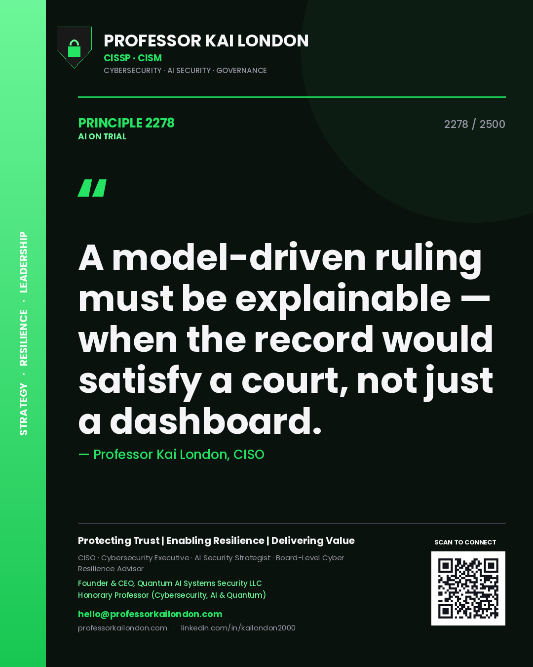 Professor Kai London principle 2278: A model-driven ruling must be explainable — when the record would satisfy a court, not just a dashboard.