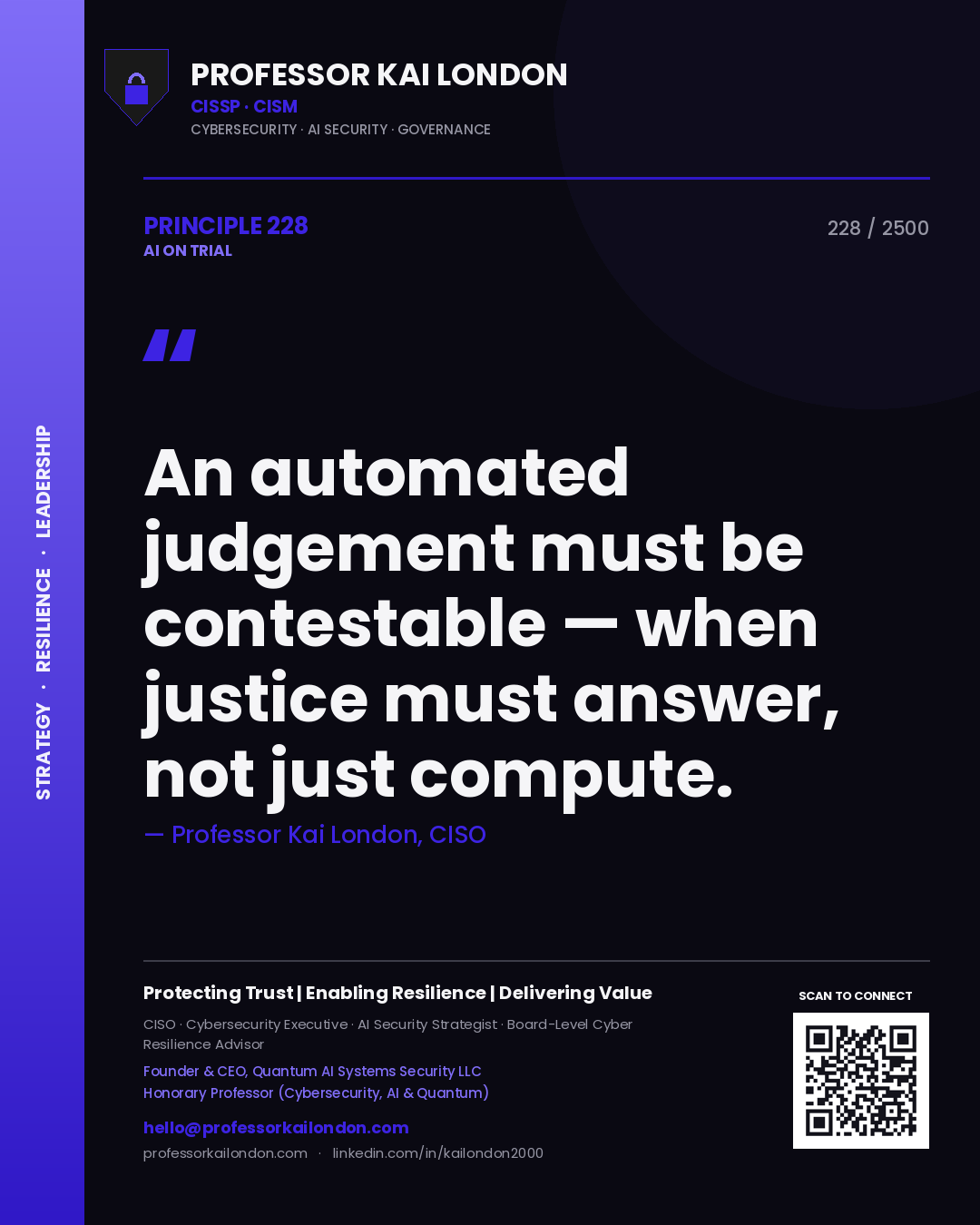Professor Kai London principle 228: An automated judgement must be contestable — when justice must answer, not just compute.