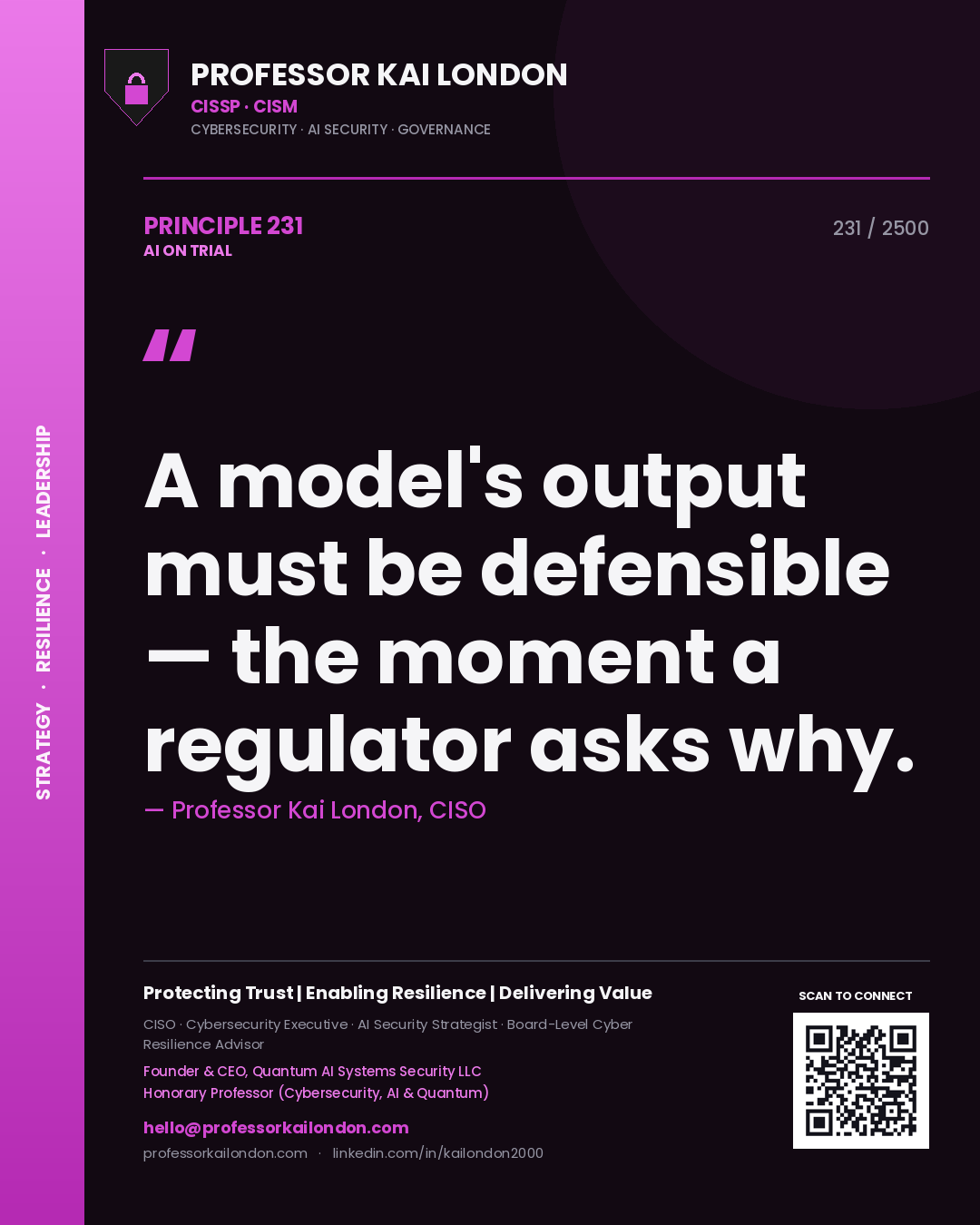 Professor Kai London principle 231: A model's output must be defensible — the moment a regulator asks why.