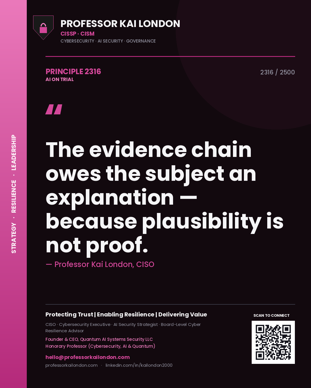 Professor Kai London principle 2316: The evidence chain owes the subject an explanation — because plausibility is not proof.