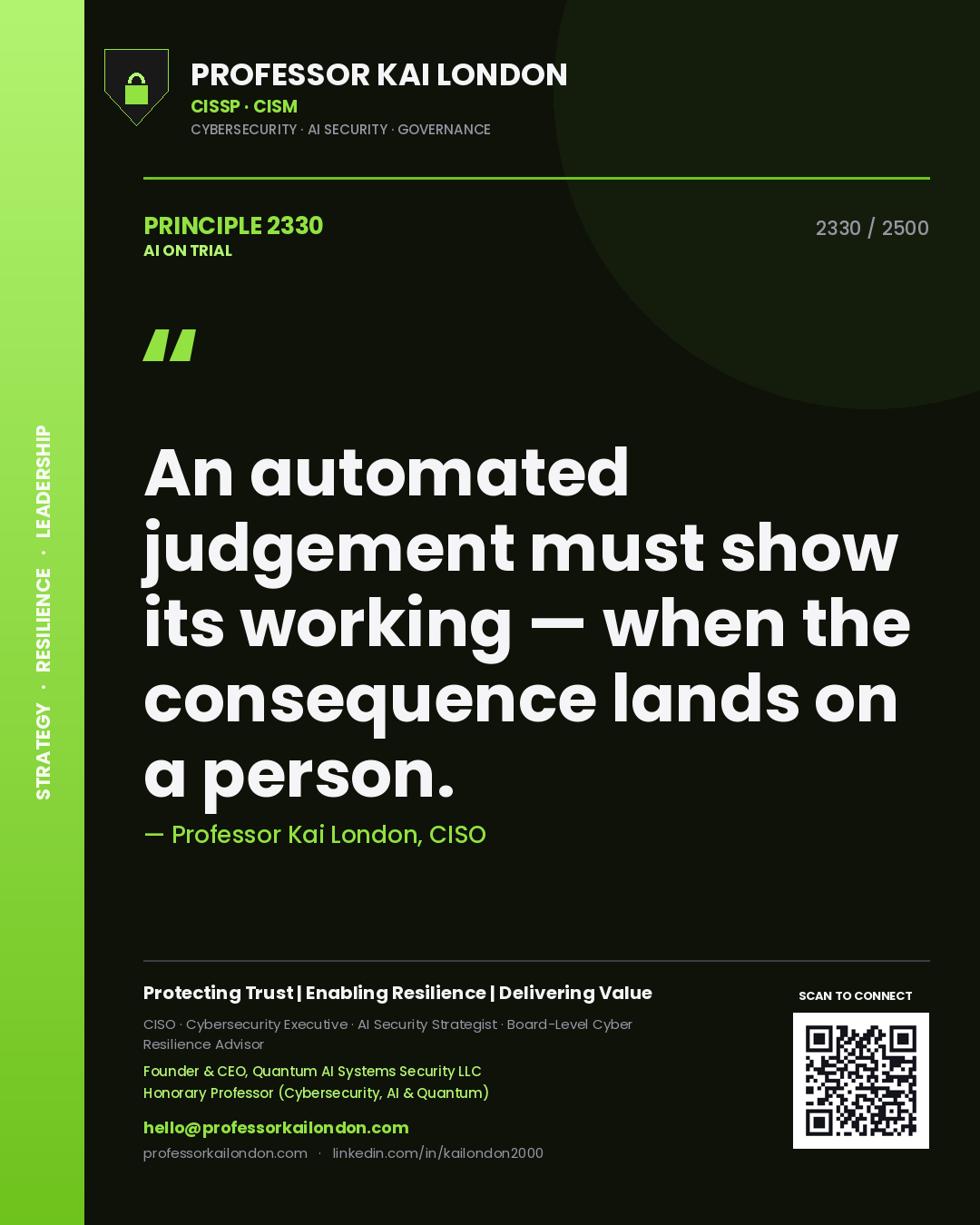 Professor Kai London principle 2330: An automated judgement must show its working — when the consequence lands on a person.