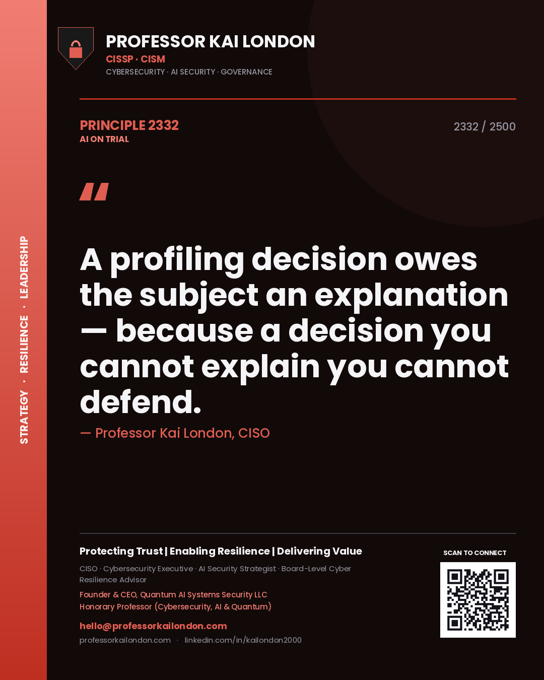 Professor Kai London principle 2332: A profiling decision owes the subject an explanation — because a decision you cannot explain you cannot defend.