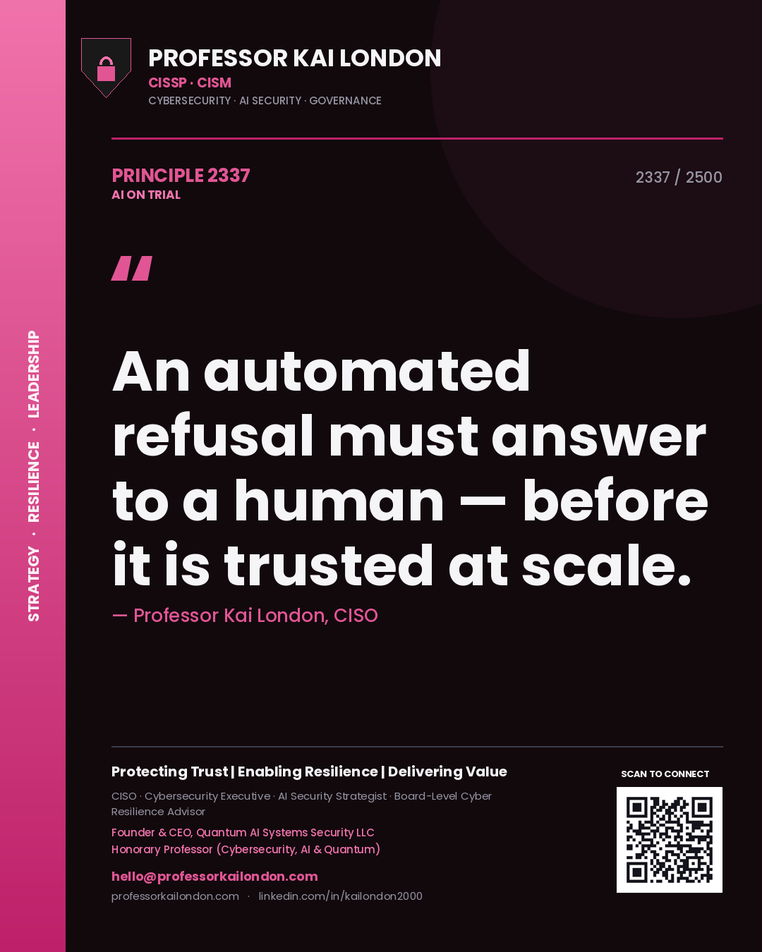 Professor Kai London principle 2337: An automated refusal must answer to a human — before it is trusted at scale.