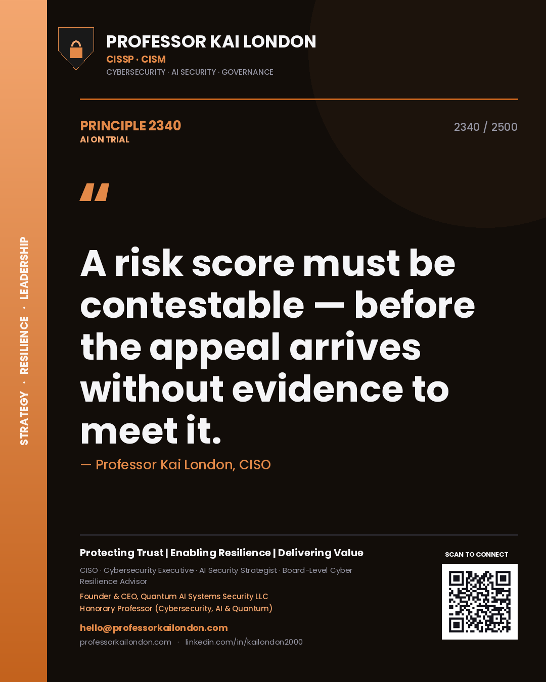 Professor Kai London principle 2340: A risk score must be contestable — before the appeal arrives without evidence to meet it.