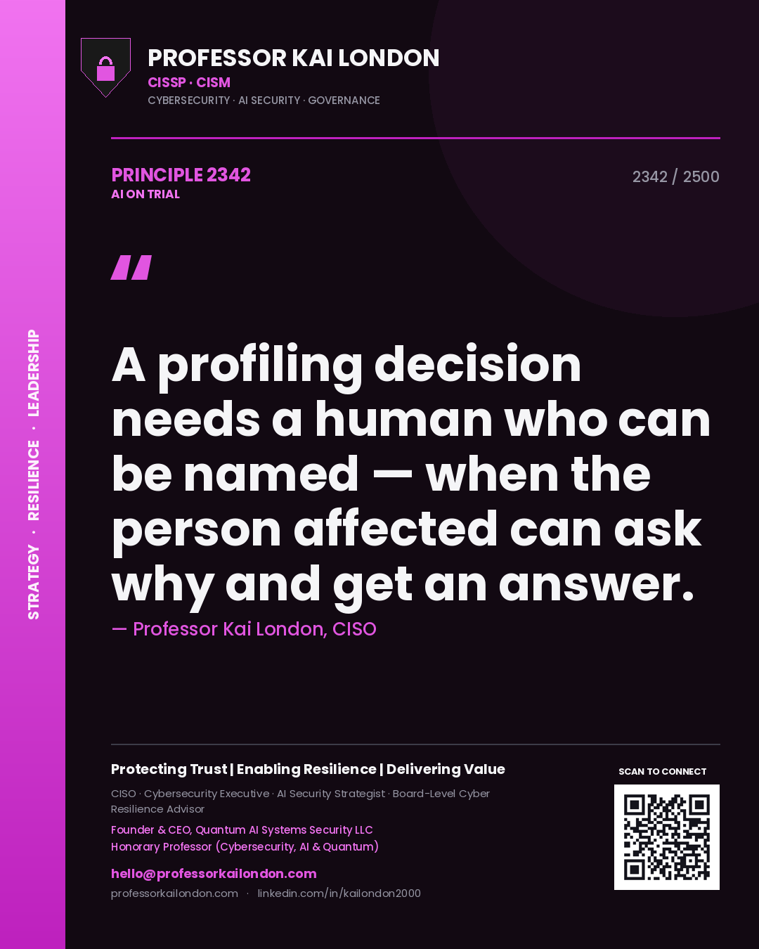 Professor Kai London principle 2342: A profiling decision needs a human who can be named — when the person affected can ask why and get an answer.