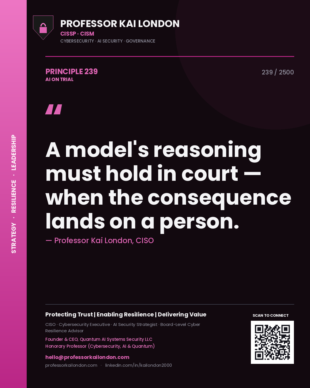 Professor Kai London principle 239: A model's reasoning must hold in court — when the consequence lands on a person.