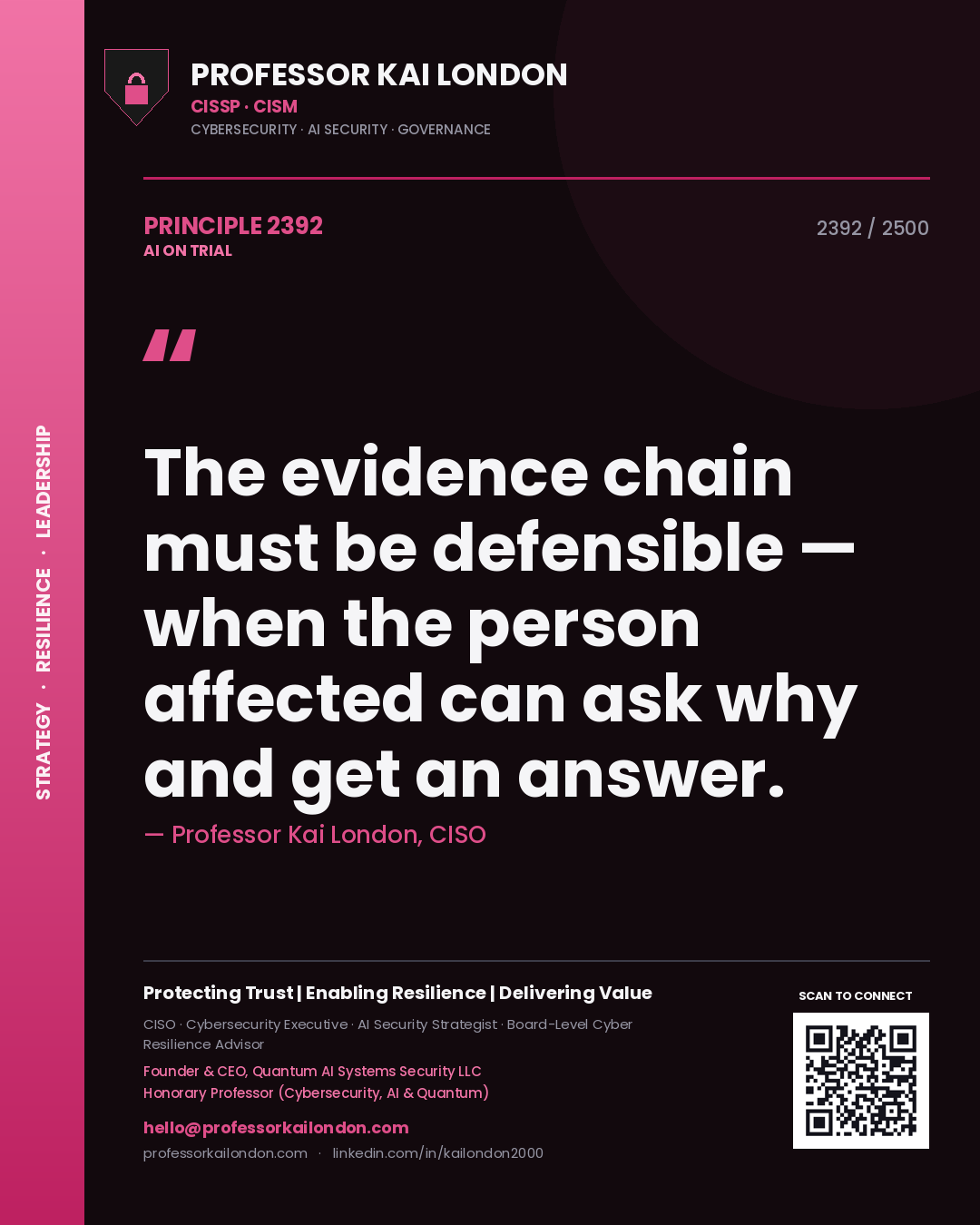 Professor Kai London principle 2392: The evidence chain must be defensible — when the person affected can ask why and get an answer.