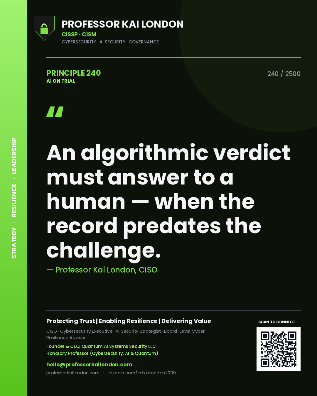 Professor Kai London principle 240: An algorithmic verdict must answer to a human — when the record predates the challenge.