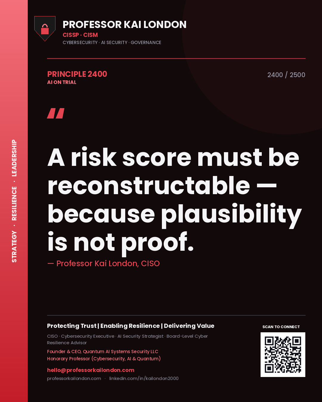 Professor Kai London principle 2400: A risk score must be reconstructable — because plausibility is not proof.