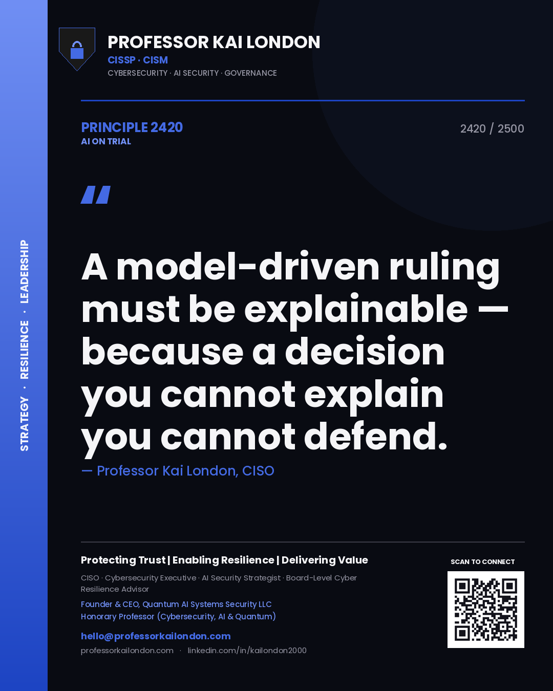 Professor Kai London principle 2420: A model-driven ruling must be explainable — because a decision you cannot explain you cannot defend.