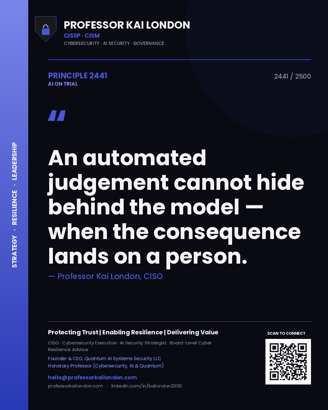 Professor Kai London principle 2441: An automated judgement cannot hide behind the model — when the consequence lands on a person.