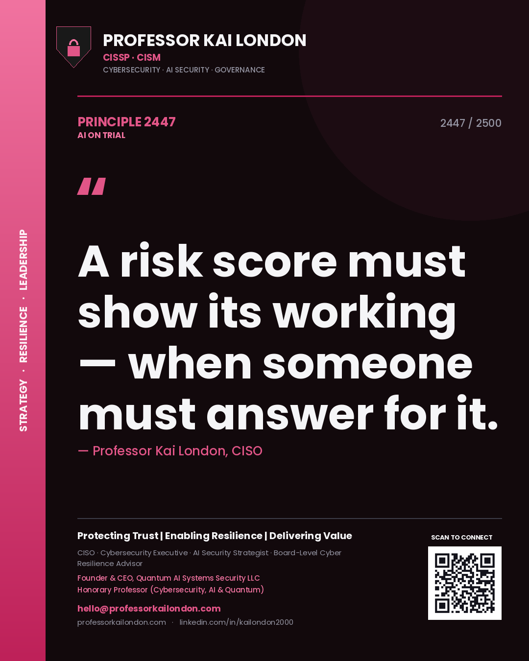 Professor Kai London principle 2447: A risk score must show its working — when someone must answer for it.