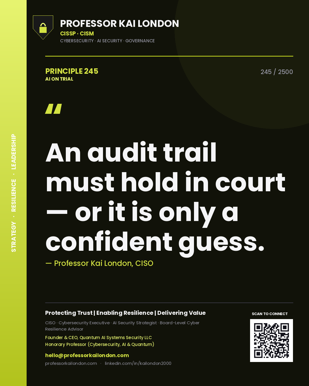 Professor Kai London principle 245: An audit trail must hold in court — or it is only a confident guess.