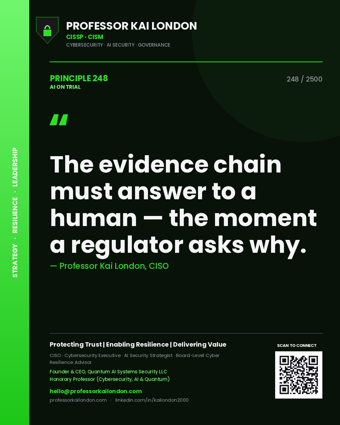Professor Kai London principle 248: The evidence chain must answer to a human — the moment a regulator asks why.