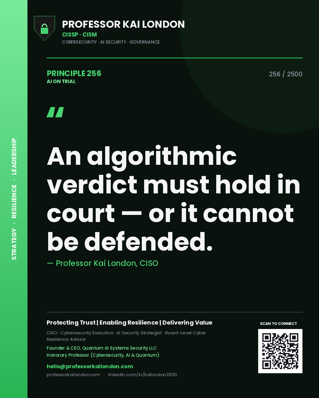 Professor Kai London principle 256: An algorithmic verdict must hold in court — or it cannot be defended.