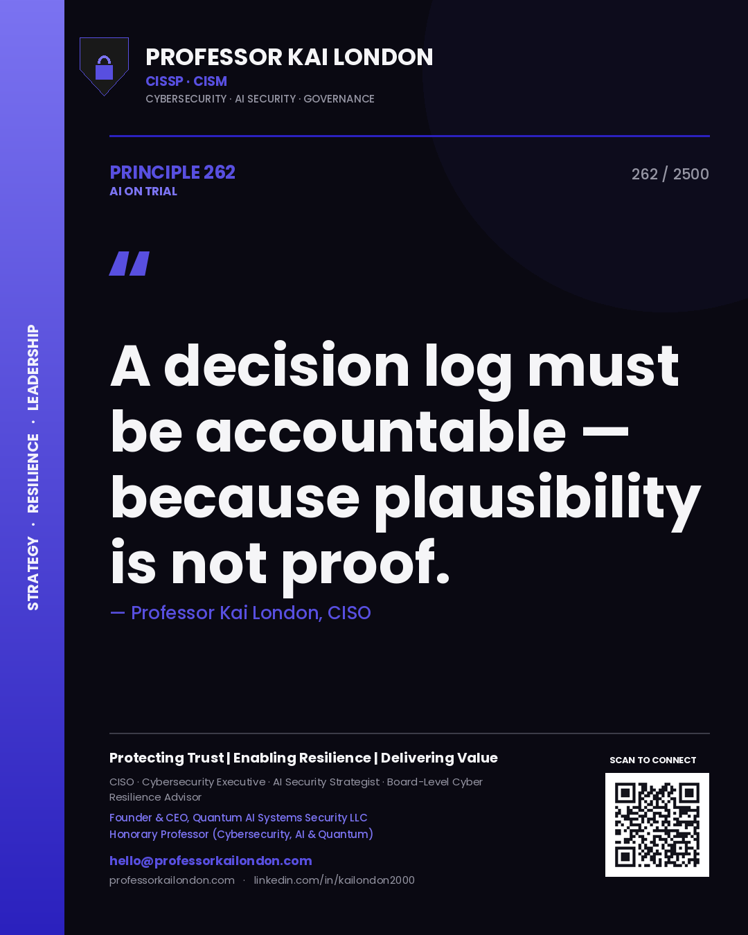 Professor Kai London principle 262: A decision log must be accountable — because plausibility is not proof.