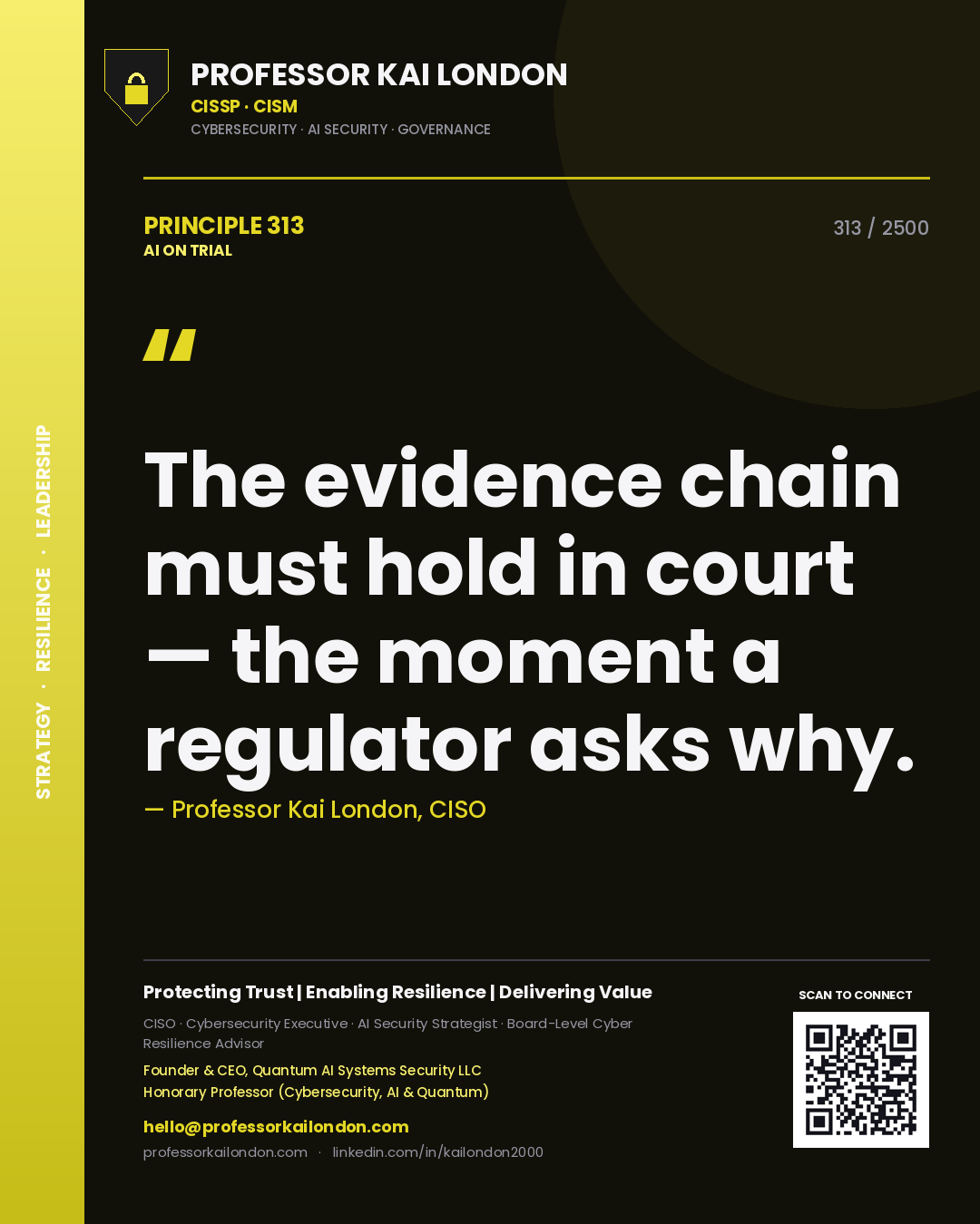 Professor Kai London principle 313: The evidence chain must hold in court — the moment a regulator asks why.