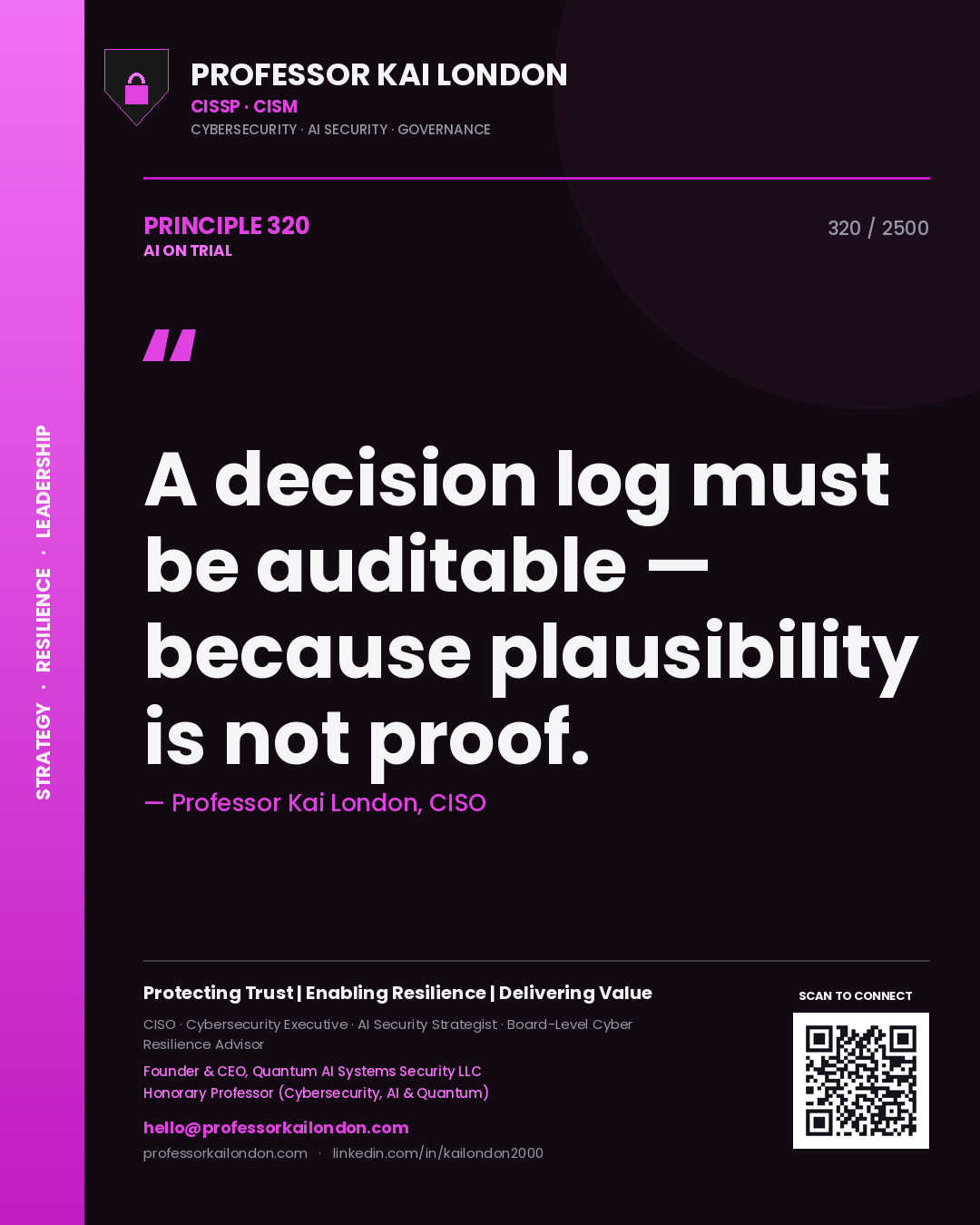 Professor Kai London principle 320: A decision log must be auditable — because plausibility is not proof.