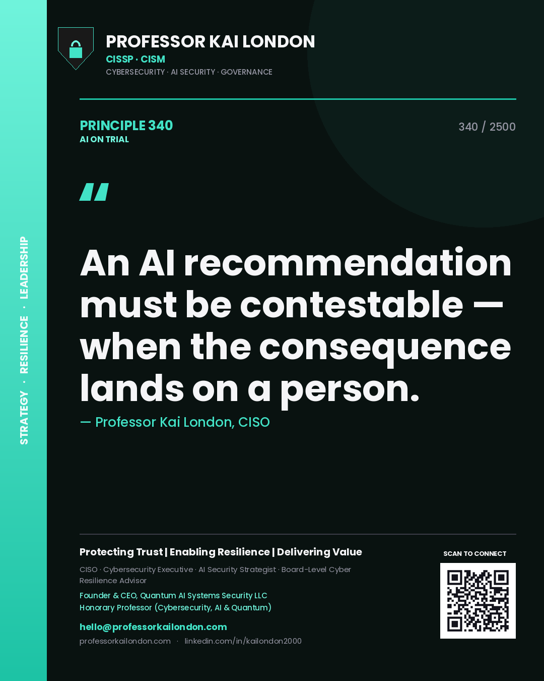 Professor Kai London principle 340: An AI recommendation must be contestable — when the consequence lands on a person.