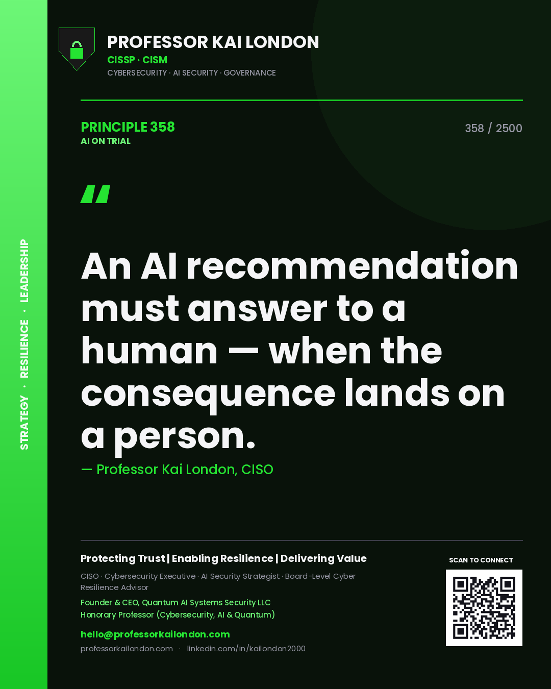Professor Kai London principle 358: An AI recommendation must answer to a human — when the consequence lands on a person.