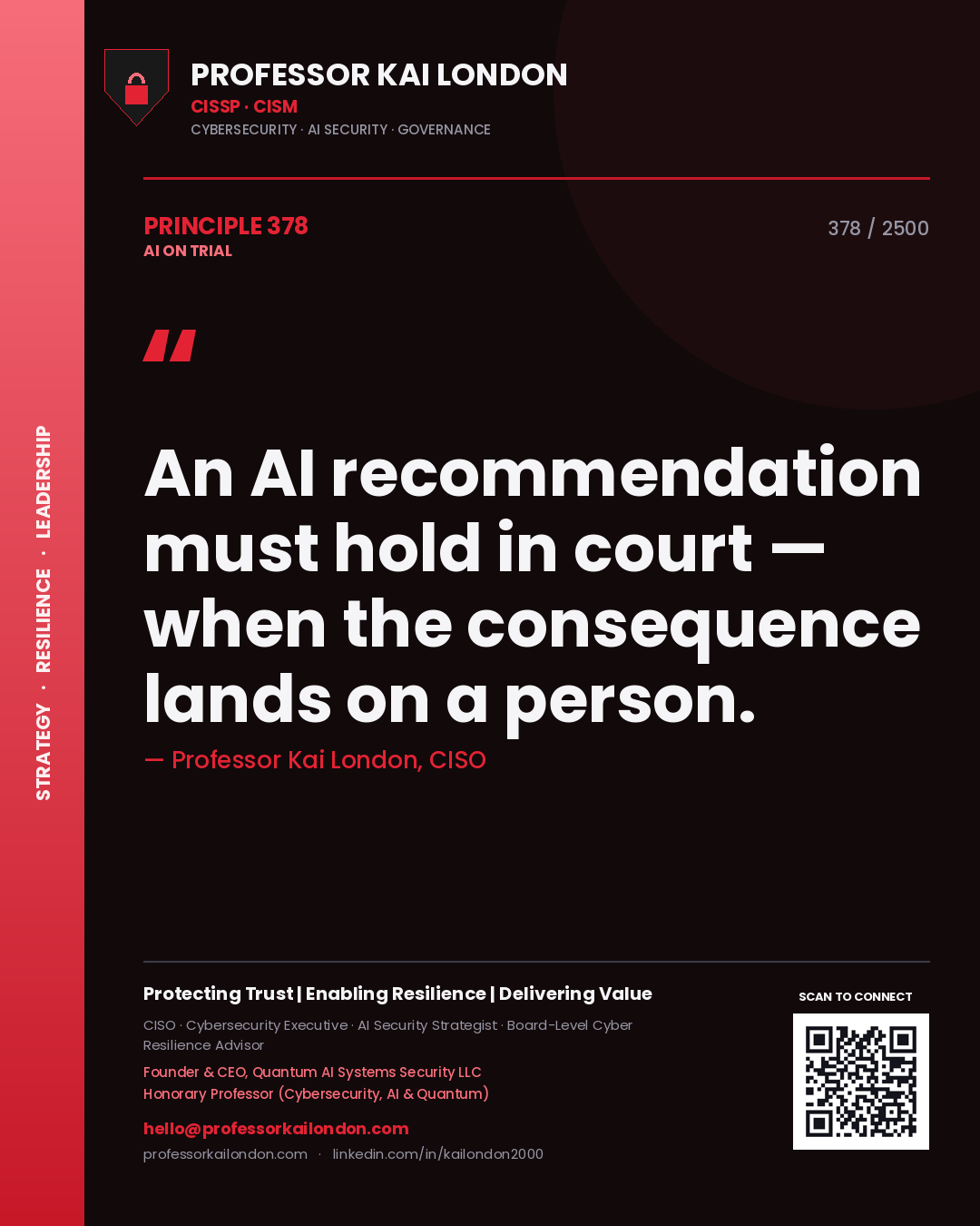 Professor Kai London principle 378: An AI recommendation must hold in court — when the consequence lands on a person.