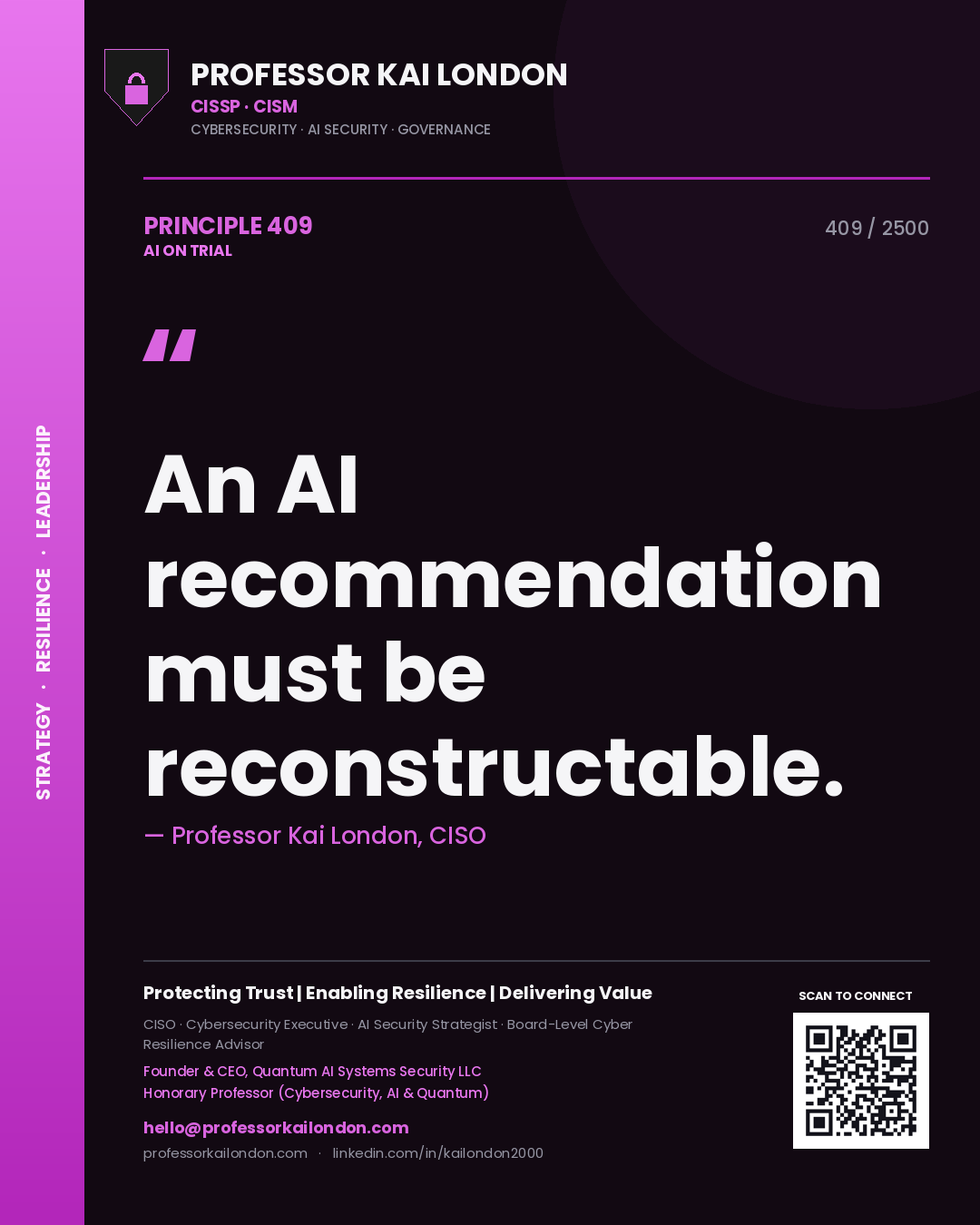 Professor Kai London principle 409: An AI recommendation must be reconstructable.