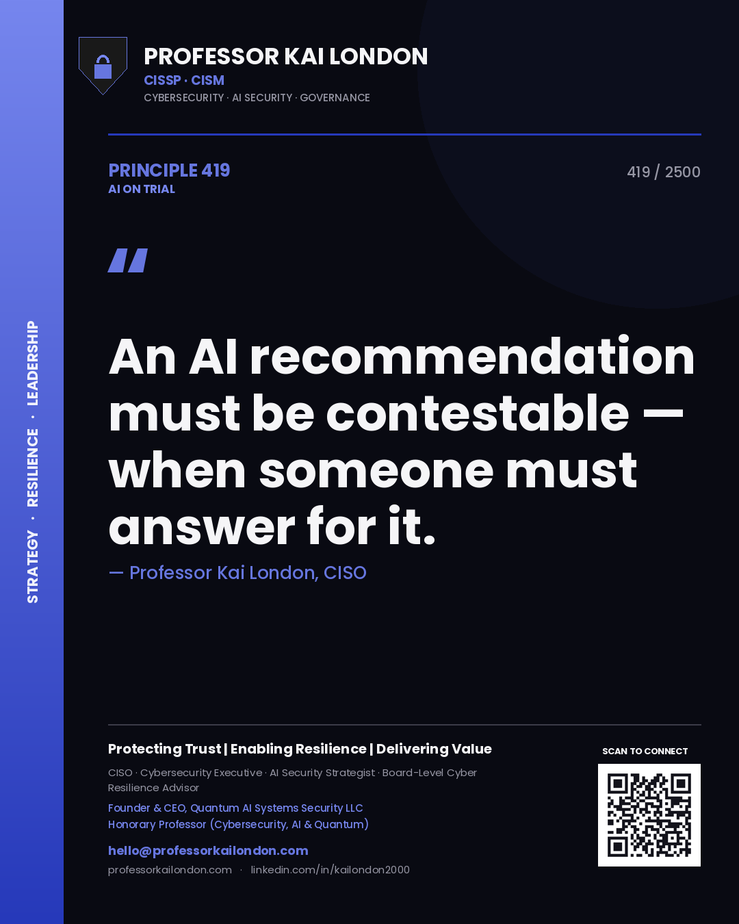 Professor Kai London principle 419: An AI recommendation must be contestable — when someone must answer for it.