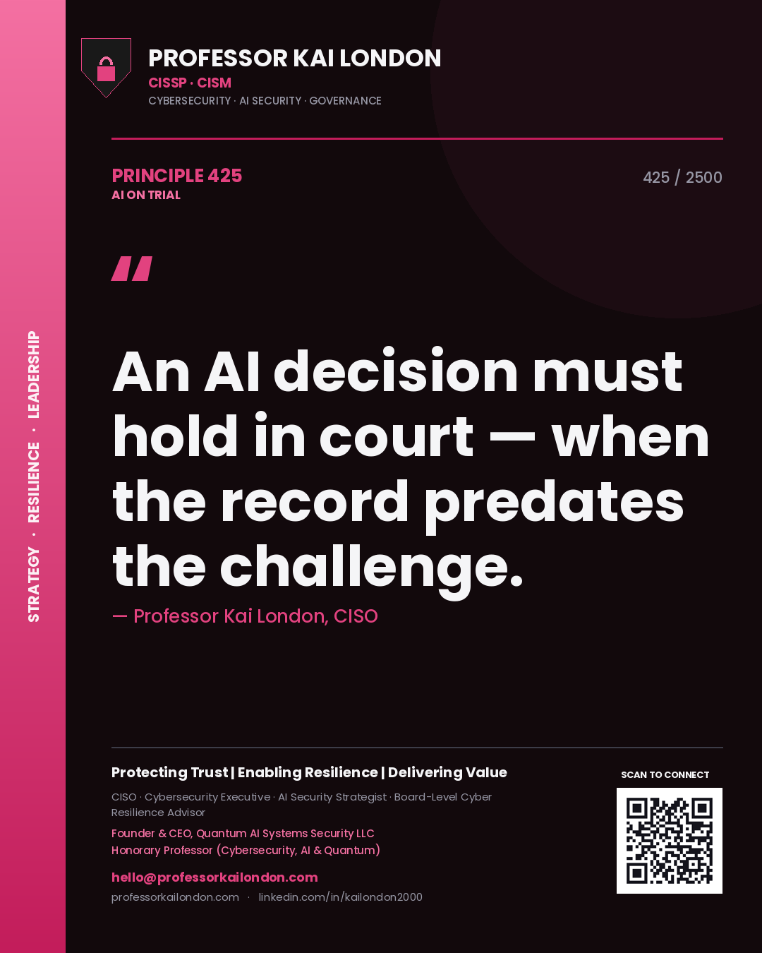 Professor Kai London principle 425: An AI decision must hold in court — when the record predates the challenge.