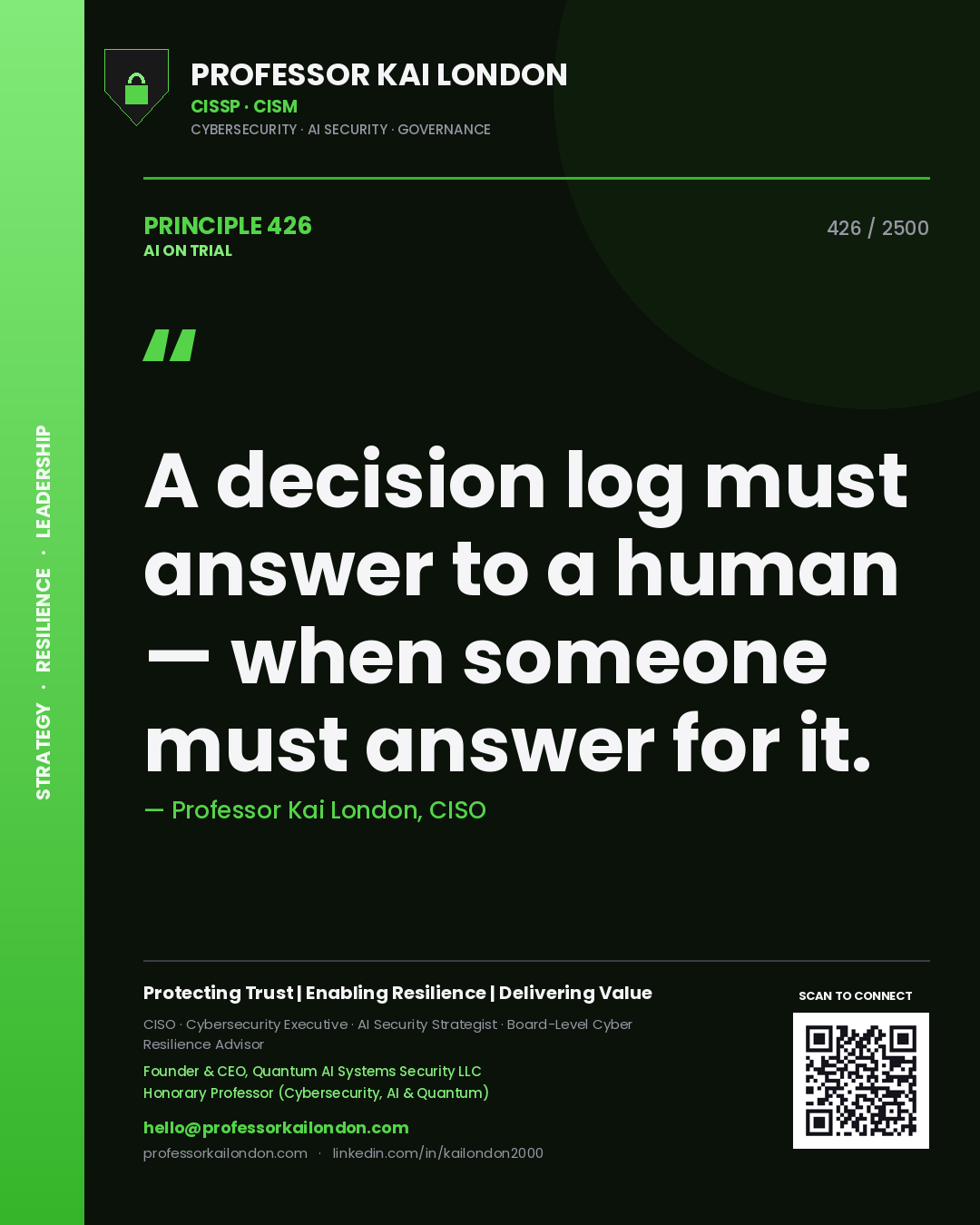Professor Kai London principle 426: A decision log must answer to a human — when someone must answer for it.