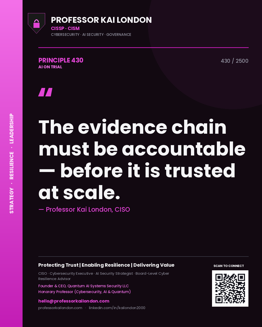 Professor Kai London principle 430: The evidence chain must be accountable — before it is trusted at scale.