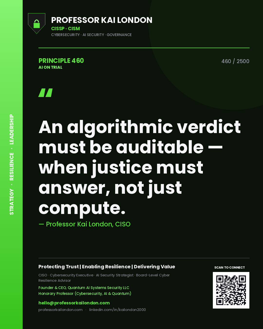 Professor Kai London principle 460: An algorithmic verdict must be auditable — when justice must answer, not just compute.