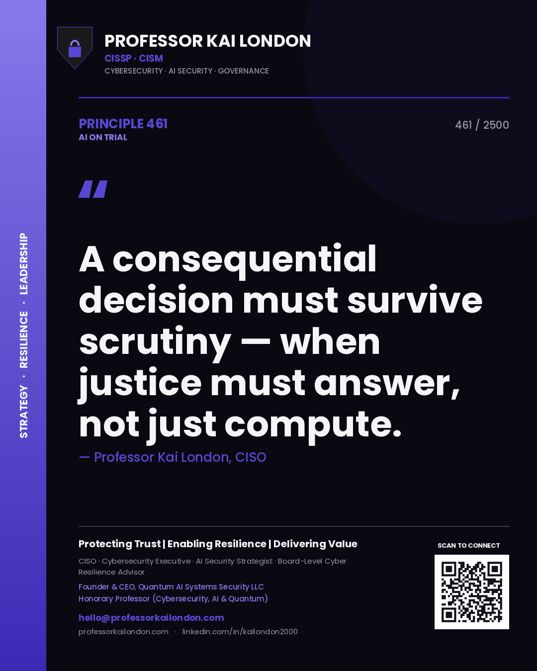 Professor Kai London principle 461: A consequential decision must survive scrutiny — when justice must answer, not just compute.