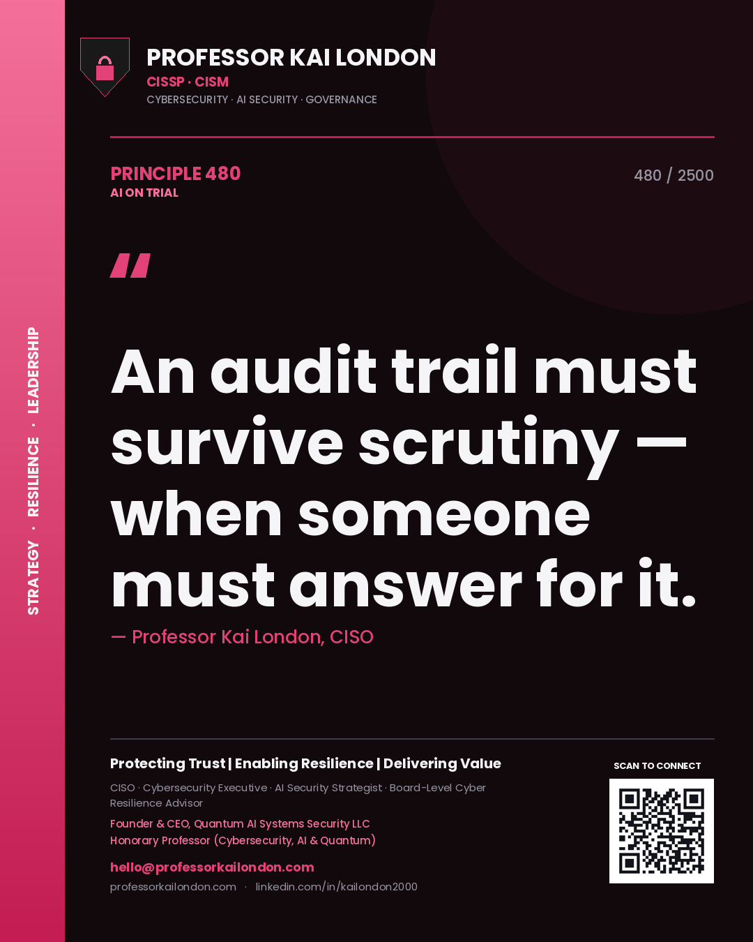 Professor Kai London principle 480: An audit trail must survive scrutiny — when someone must answer for it.